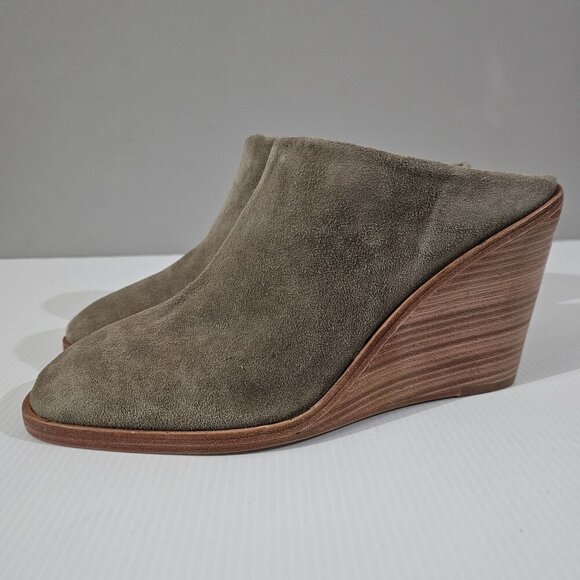 Joie Breana Mule Womens 10 Taupe Suede Chunky Heel Open Back Slip On Wedge - Picture 1 of 12